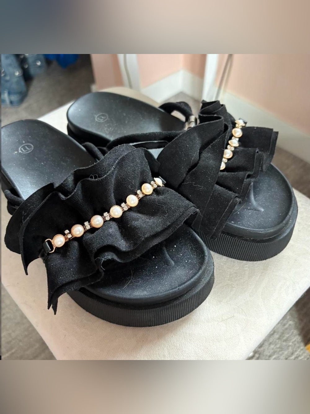 Black Pearl-Trim Ruffle Slide Sandals - Women